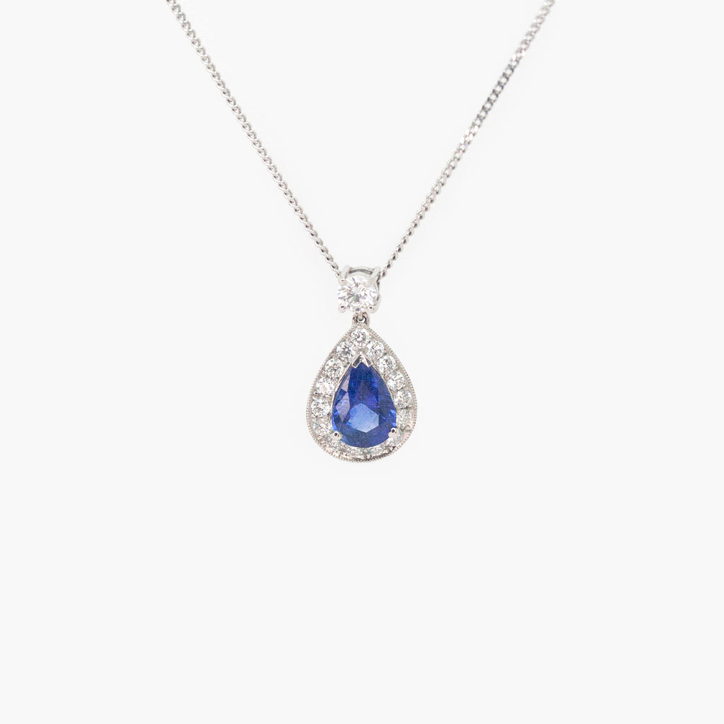 Pear Shaped Blue Sapphire & Diamond Cluster Drop Pendant Necklace