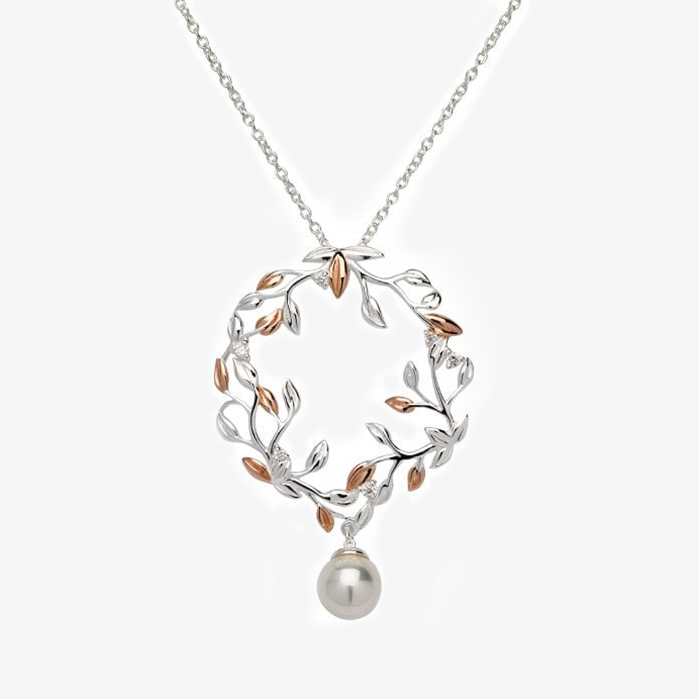 NEW Unique & Co Sterling Silver and Rose Gold Wreath Pendant Necklace with Shell Pearl