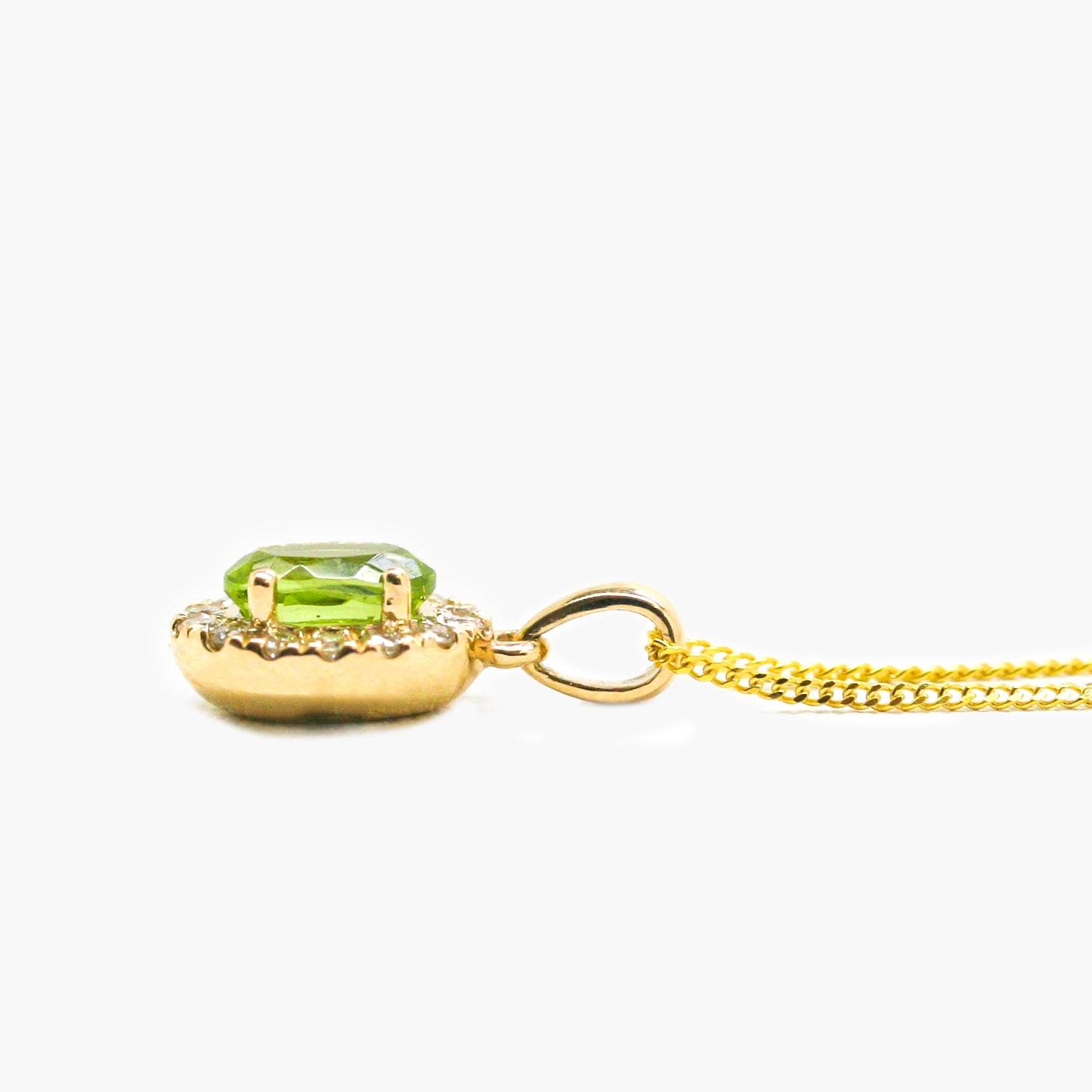 NEW 9ct Yellow Gold Oval Peridot and Diamond Cluster Pendant Necklace - Jordans Jewellers