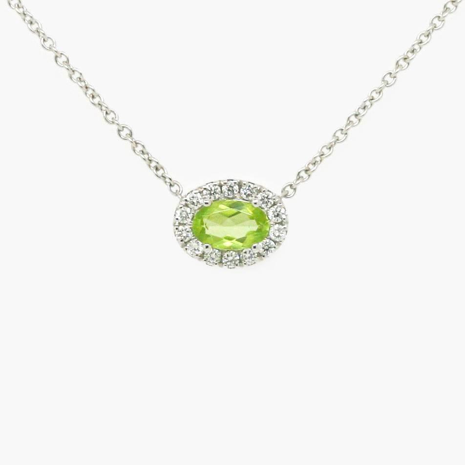 NEW 9ct White Gold Horizontal Oval Shape Peridot Pendant with Diamond Cluster Necklace - Jordans Jewellers