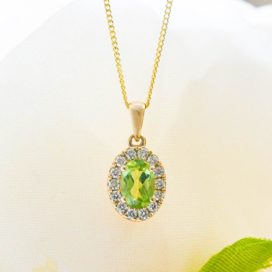 NEW 9ct Yellow Gold Oval Peridot and Diamond Cluster Pendant Necklace - Jordans Jewellers