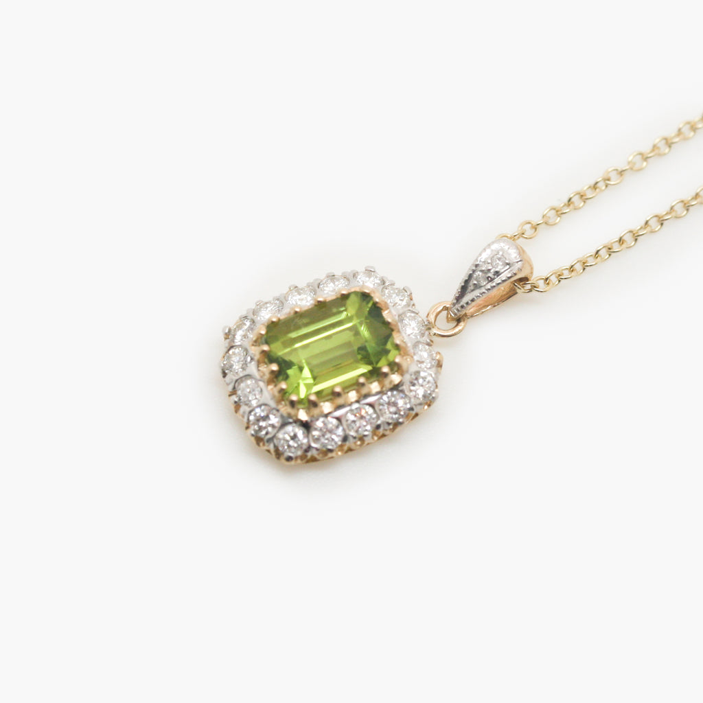 Close up of the peridot and diamond cluster pendant