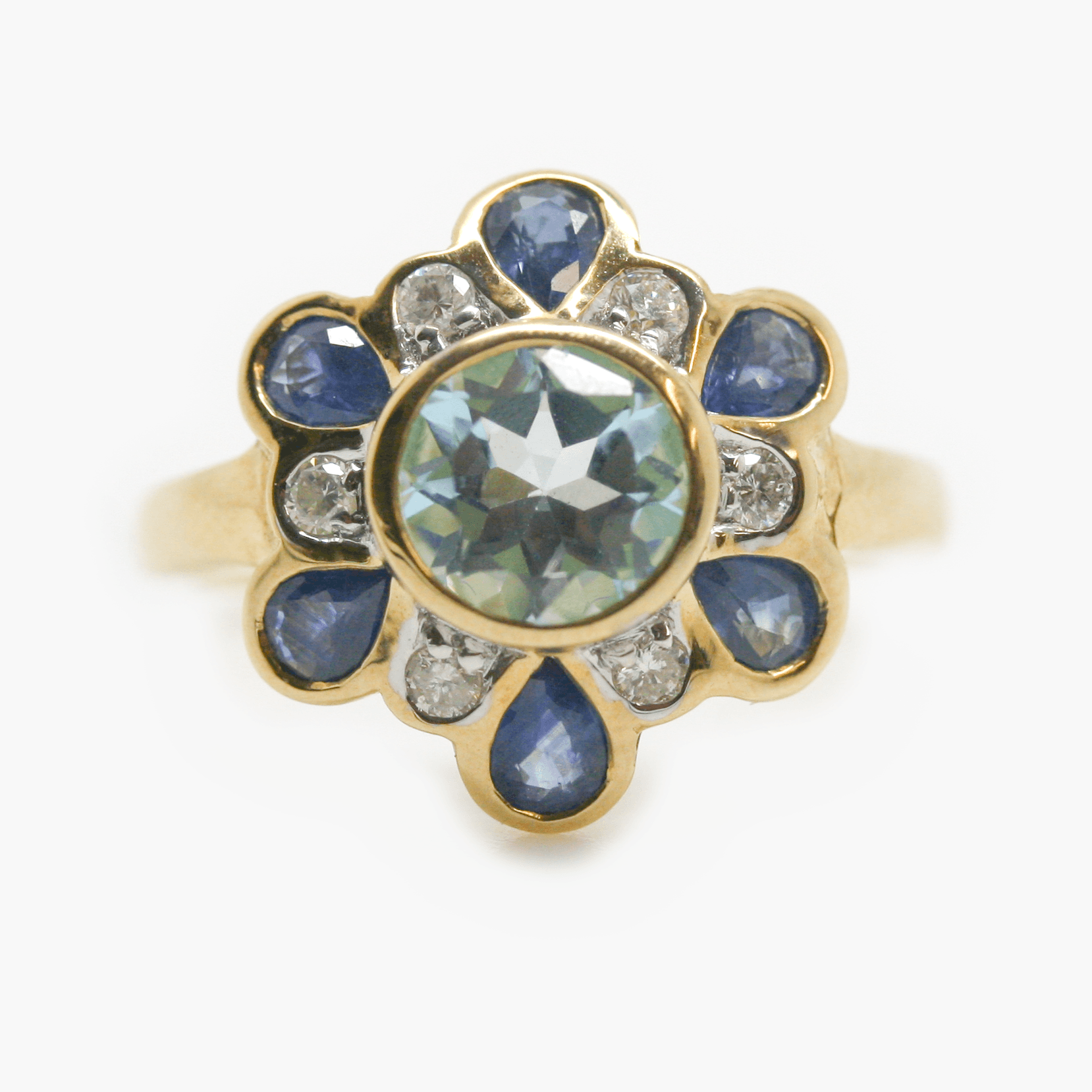 New 9 Carat Yellow Gold Blue Topaz, Sapphire and Diamond Flower Ring - Jordans Jewellers
