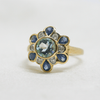 New 9 Carat Yellow Gold Blue Topaz, Sapphire and Diamond Flower Ring - Jordans Jewellers