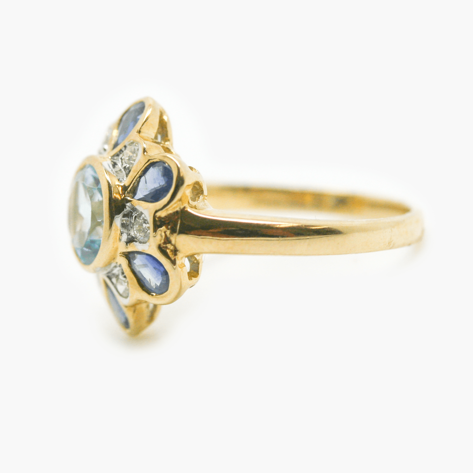 New 9 Carat Yellow Gold Blue Topaz, Sapphire and Diamond Flower Ring - Jordans Jewellers