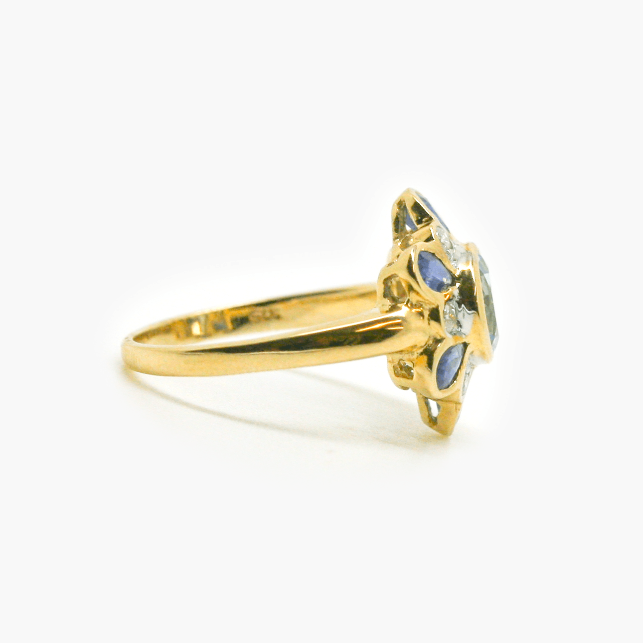 New 9 Carat Yellow Gold Blue Topaz, Sapphire and Diamond Flower Ring - Jordans Jewellers