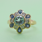 New 9 Carat Yellow Gold Blue Topaz, Sapphire and Diamond Flower Ring - Jordans Jewellers