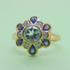 New 9 Carat Yellow Gold Blue Topaz, Sapphire and Diamond Flower Ring