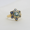 New 9 Carat Yellow Gold Blue Topaz, Sapphire and Diamond Flower Ring