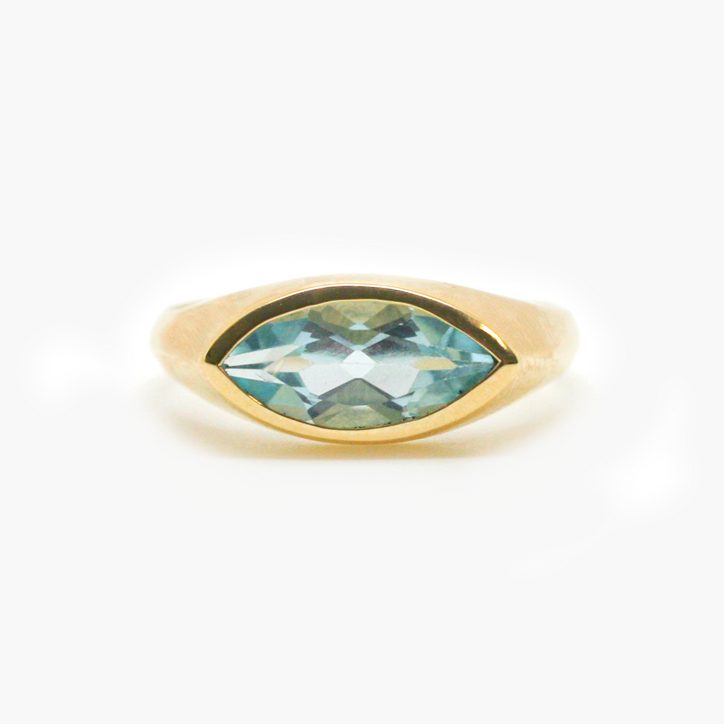New 9 Carat Yellow Gold Blue Topaz Marquise Ring