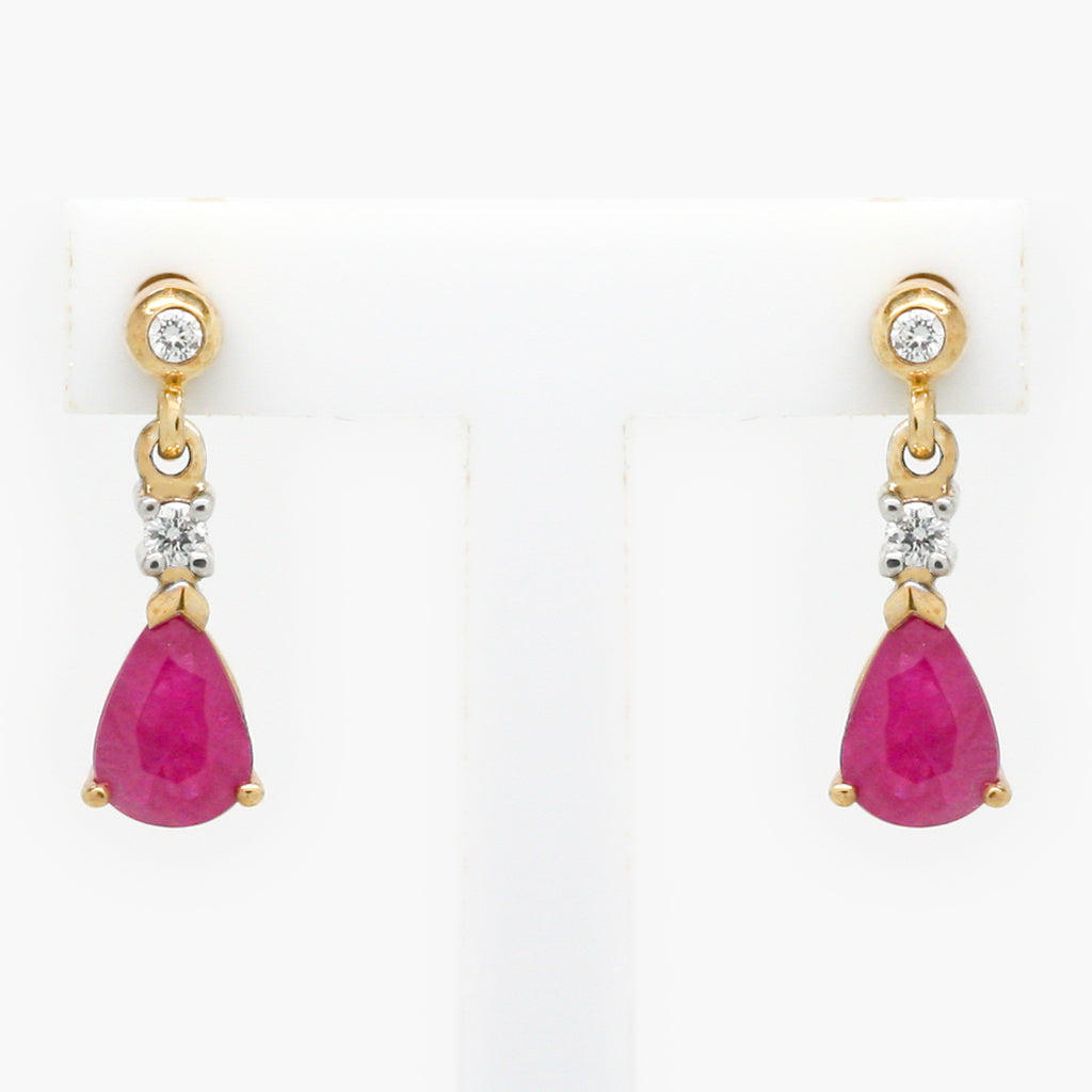 NEW 9CT Yellow Gold Ruby & Diamond Drop Earrings