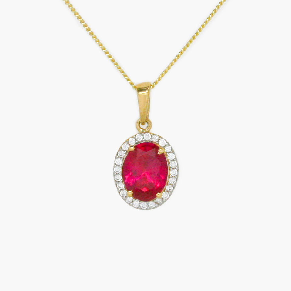 NEW 9 Carat Yellow Gold Red & White CZ Pendant Necklace