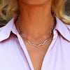 silver chain necklace on blonde female model 