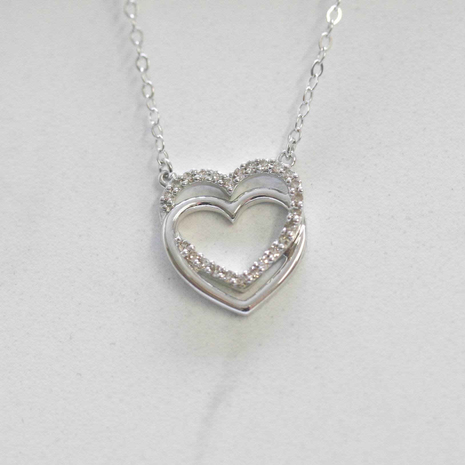NEW 9 Carat White Gold Diamond Double Heart Necklace - Jordans Jewellers