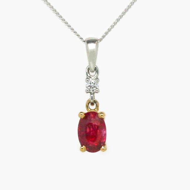 NEW 9ct White Gold Oval Ruby and Diamond Drop Pendant Necklace - Jordans Jewellers