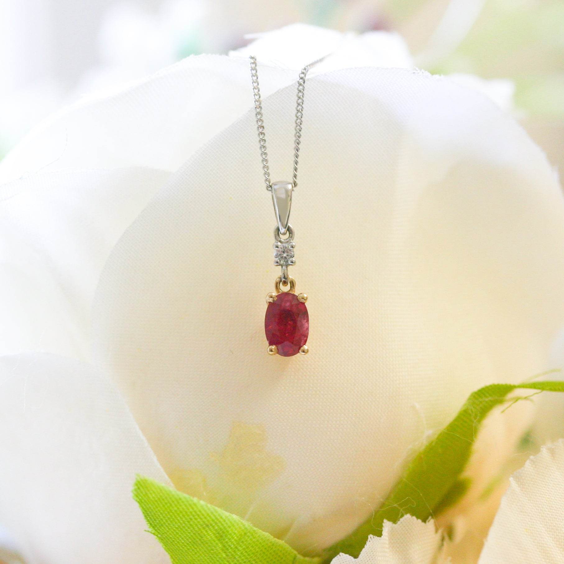 NEW 9ct White Gold Oval Ruby and Diamond Drop Pendant Necklace - Jordans Jewellers