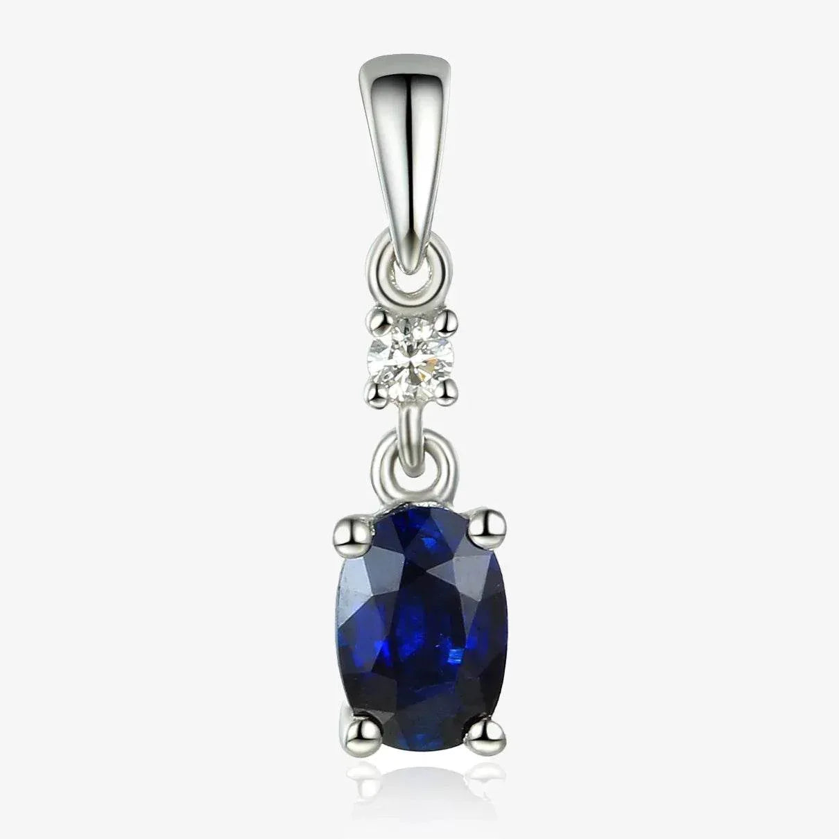 NEW 9ct White Gold Oval Sapphire and Diamond Drop Pendant Necklace - Jordans Jewellers