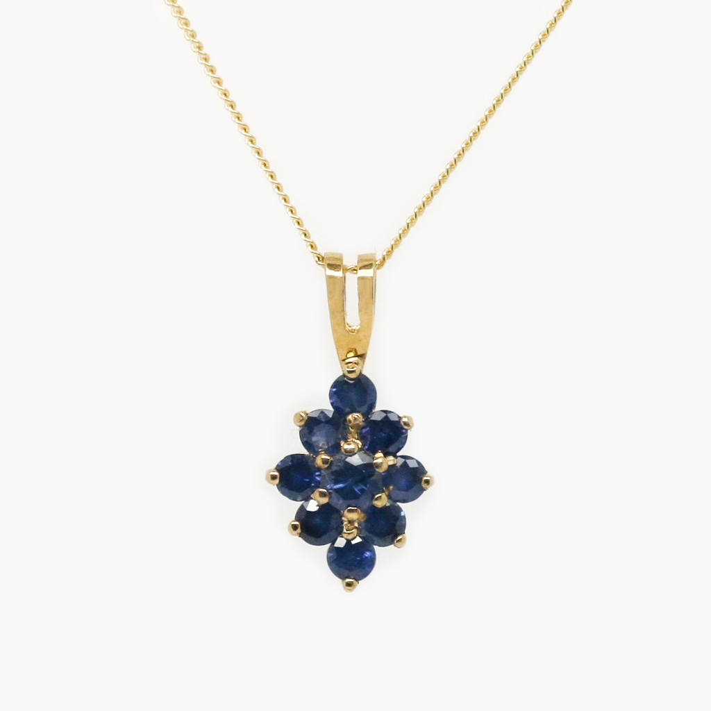 NEW 9 Carat Yellow Gold Sapphire Cluster Pendant Necklace