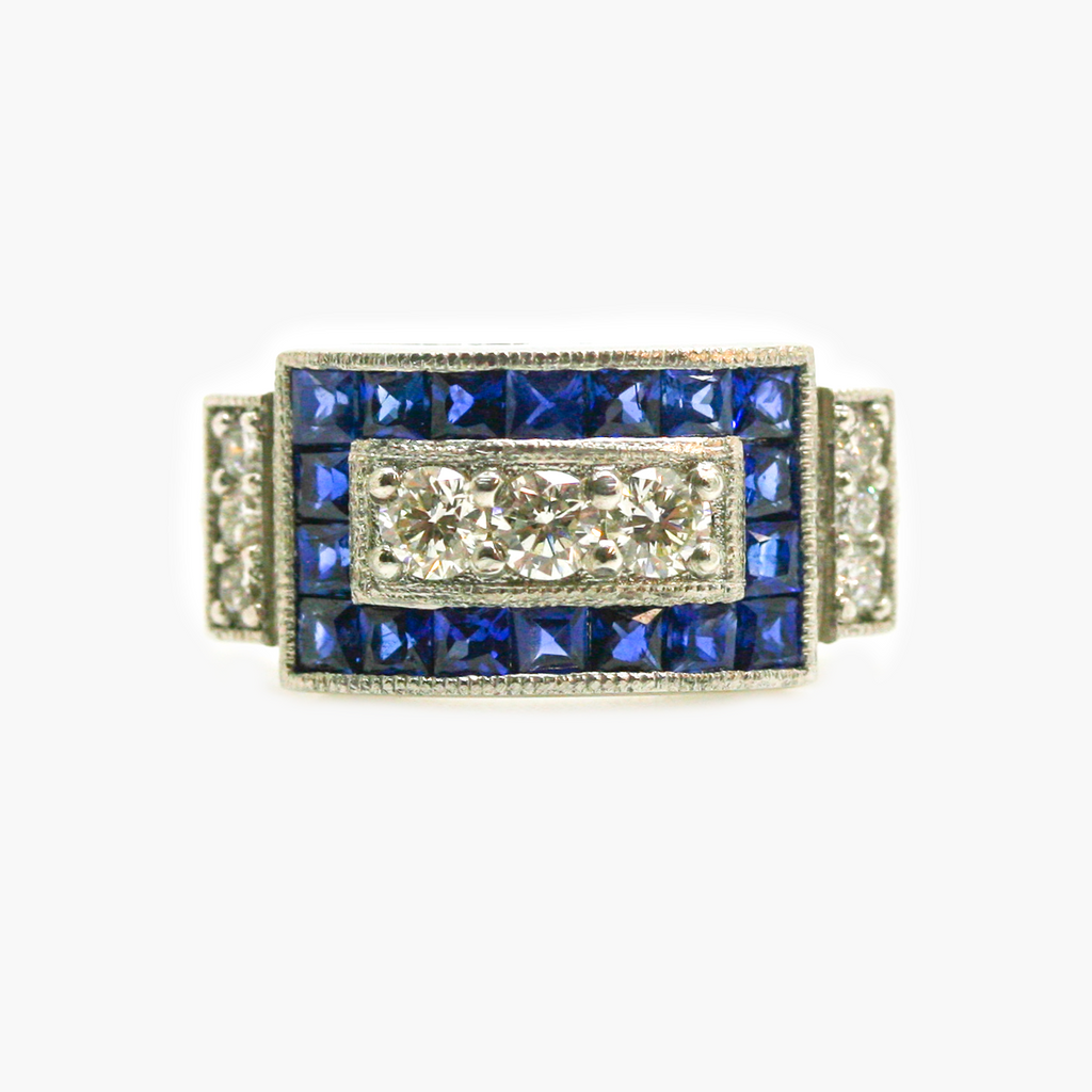 Art Deco Style Diamond and Sapphire Platinum Ring