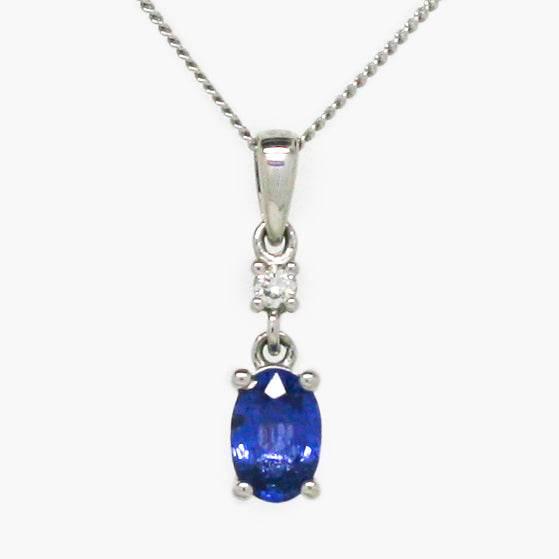 NEW 9ct White Gold Oval Sapphire and Diamond Drop Pendant Necklace - Jordans Jewellers