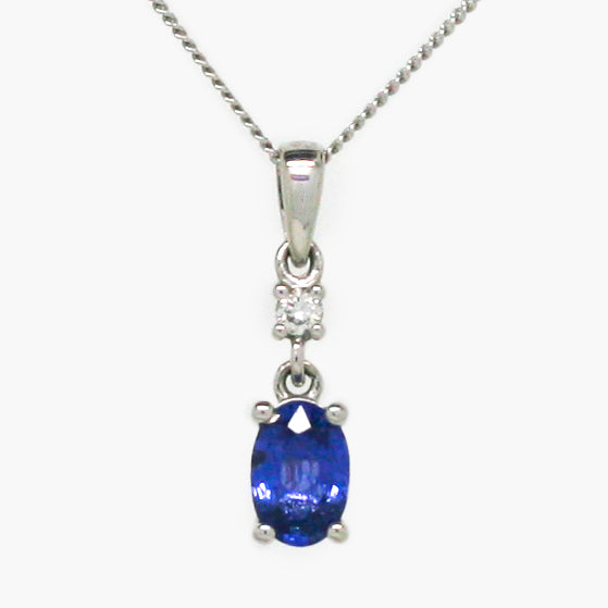 NEW 9ct White Gold Oval Sapphire and Diamond Drop Pendant Necklace