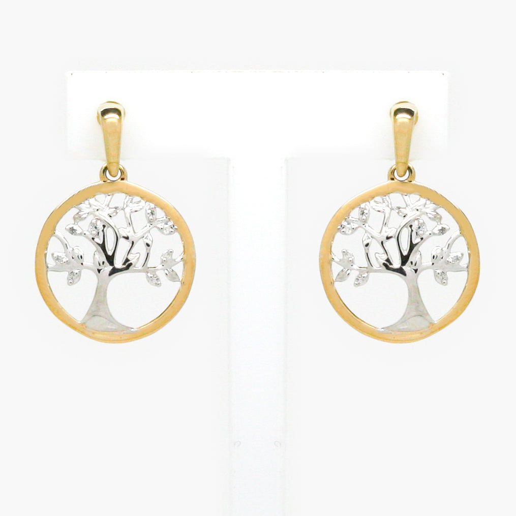 New 9 Carat Yellow Gold Diamond Tree of life drop earrings on a white stand 