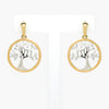 New 9 Carat Yellow Gold Diamond Tree of life drop earrings on a white stand 