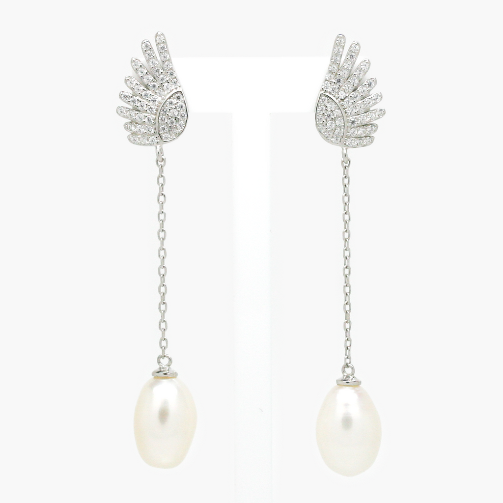 NEW Silver Pearl CZ Wing Drop Earrings