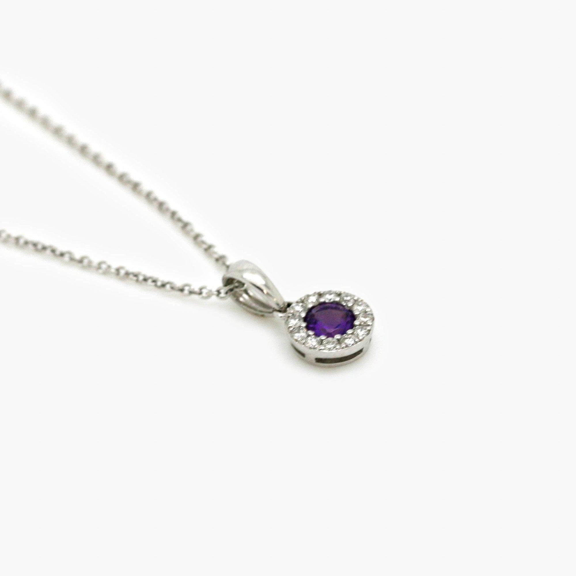 Amethyst & Diamond Halo Pendant Necklace - Jordans Jewellers