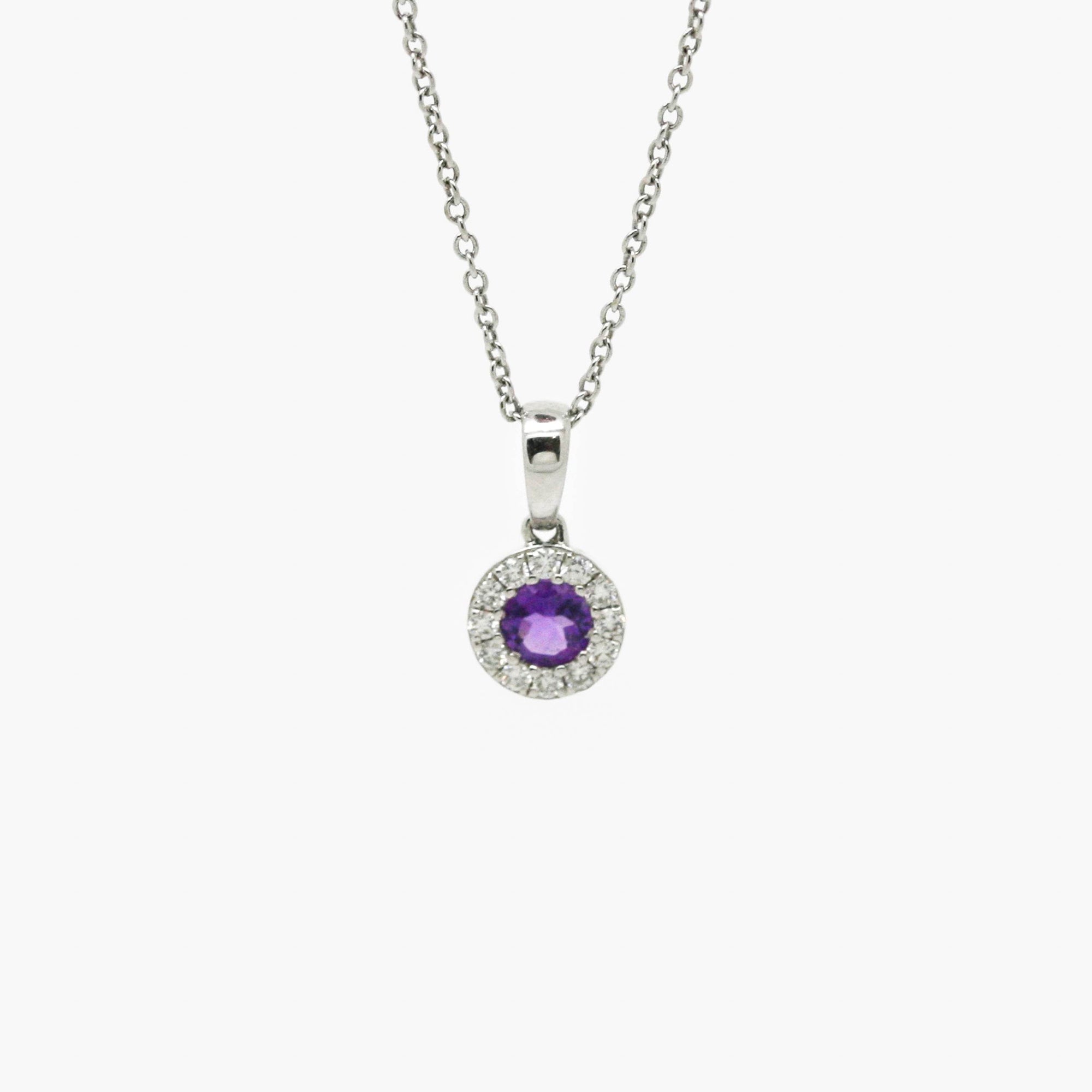 Amethyst & Diamond Halo Pendant Necklace - Jordans Jewellers