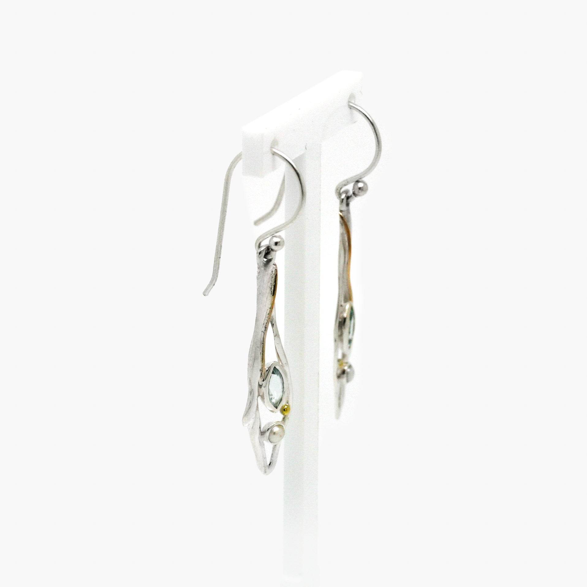 Silver Drop Earrings with Aquamarine, Pearl and Gold - Jordans Jewellers