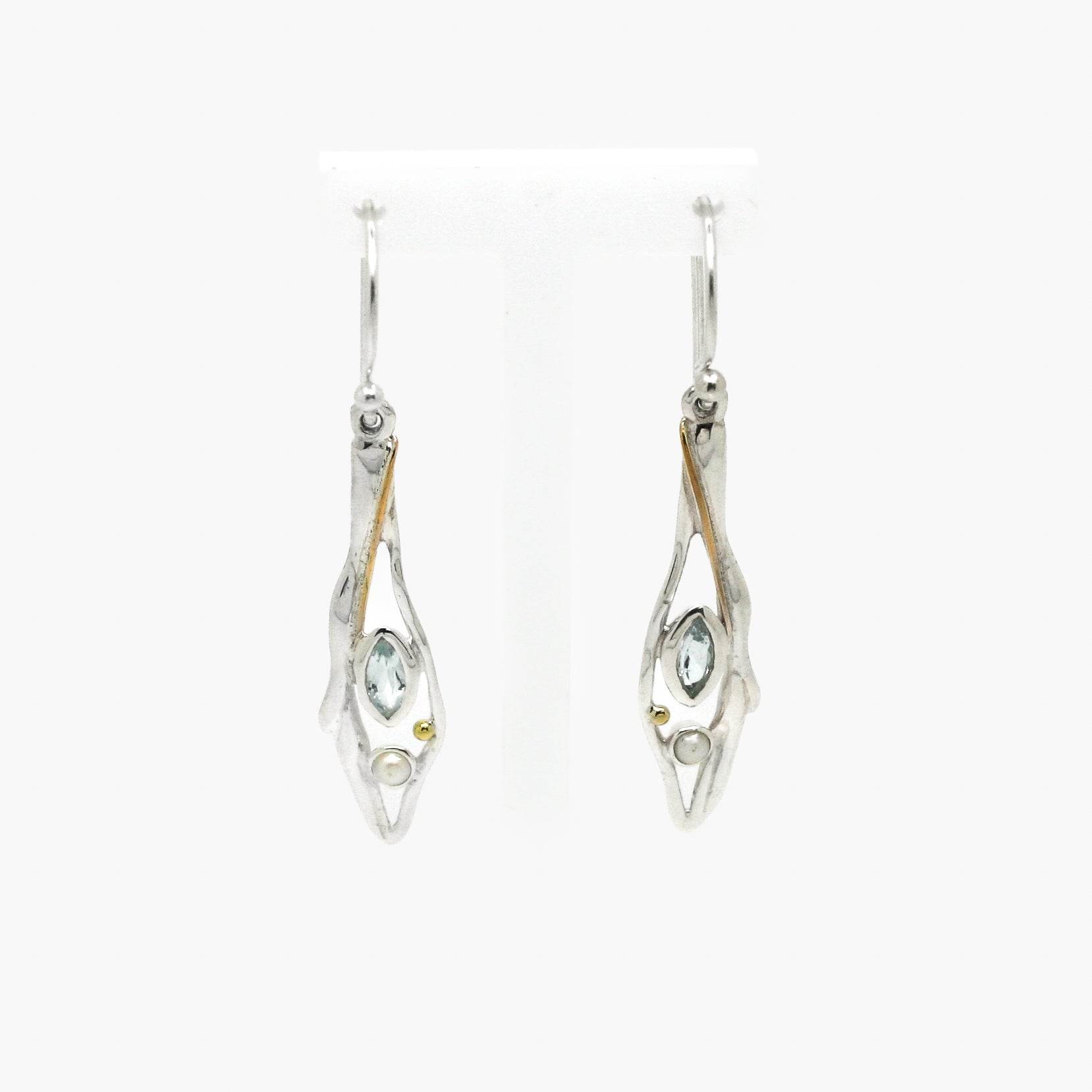 Silver Drop Earrings with Aquamarine, Pearl and Gold - Jordans Jewellers