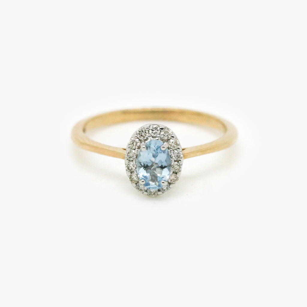 9ct Mixed Gold Aquamarine & Diamond Oval Halo Ring