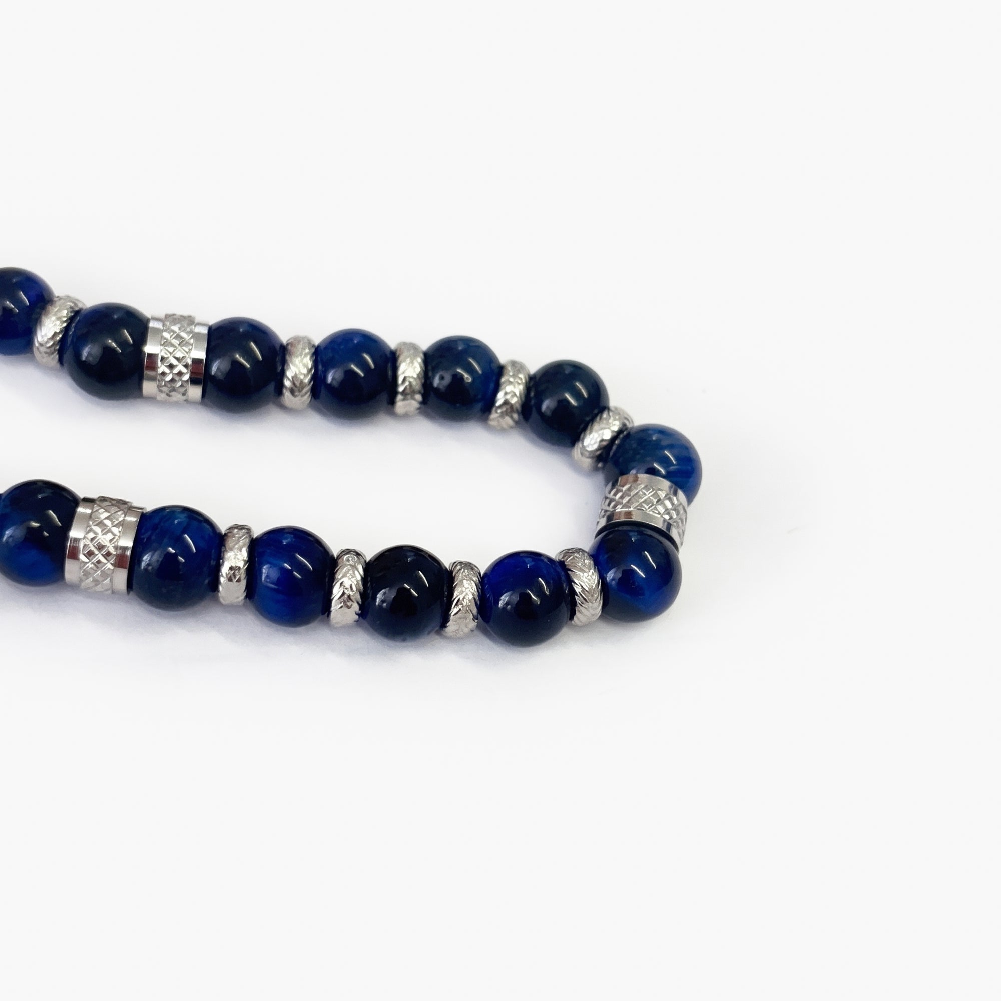 Men's Blue Tiger Eye & Stainless Steel Beaded Bracelet