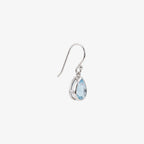 Blue topaz pear drop earrings close-up showing bezel setting detail