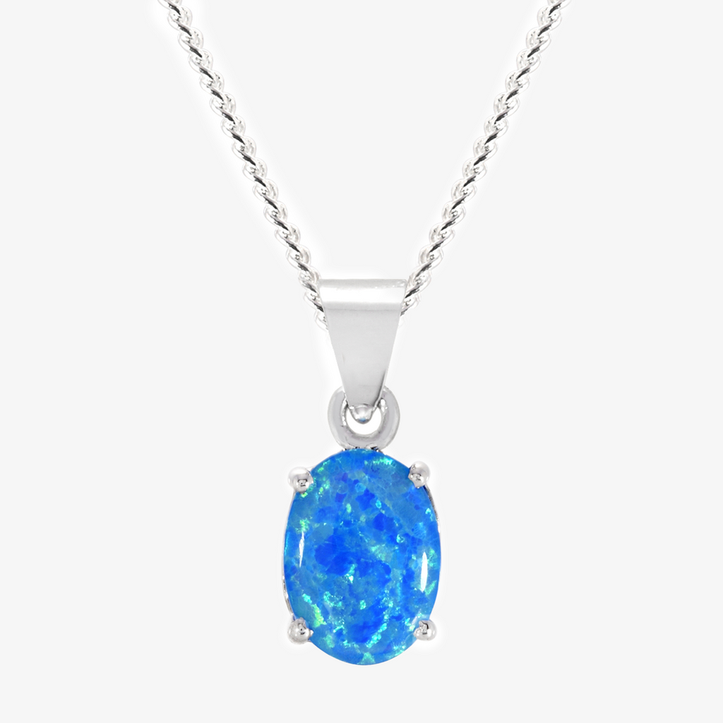 NEW Blue Created Opal Oval Pendant Necklace