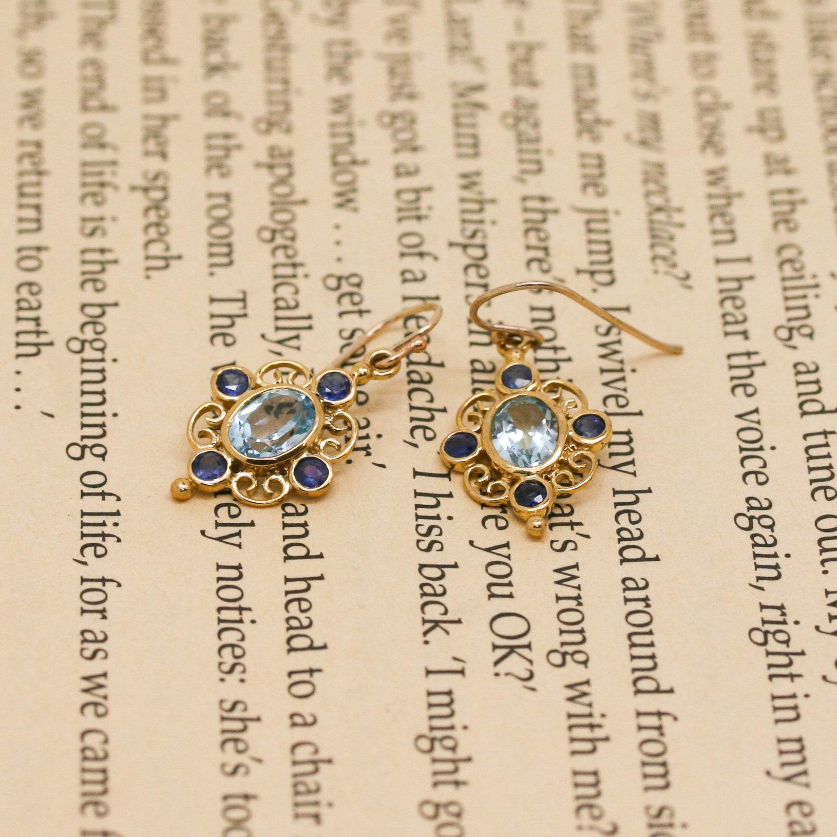 9ct Yellow Gold Sapphire and Blue Topaz Filigree Drop Earrings