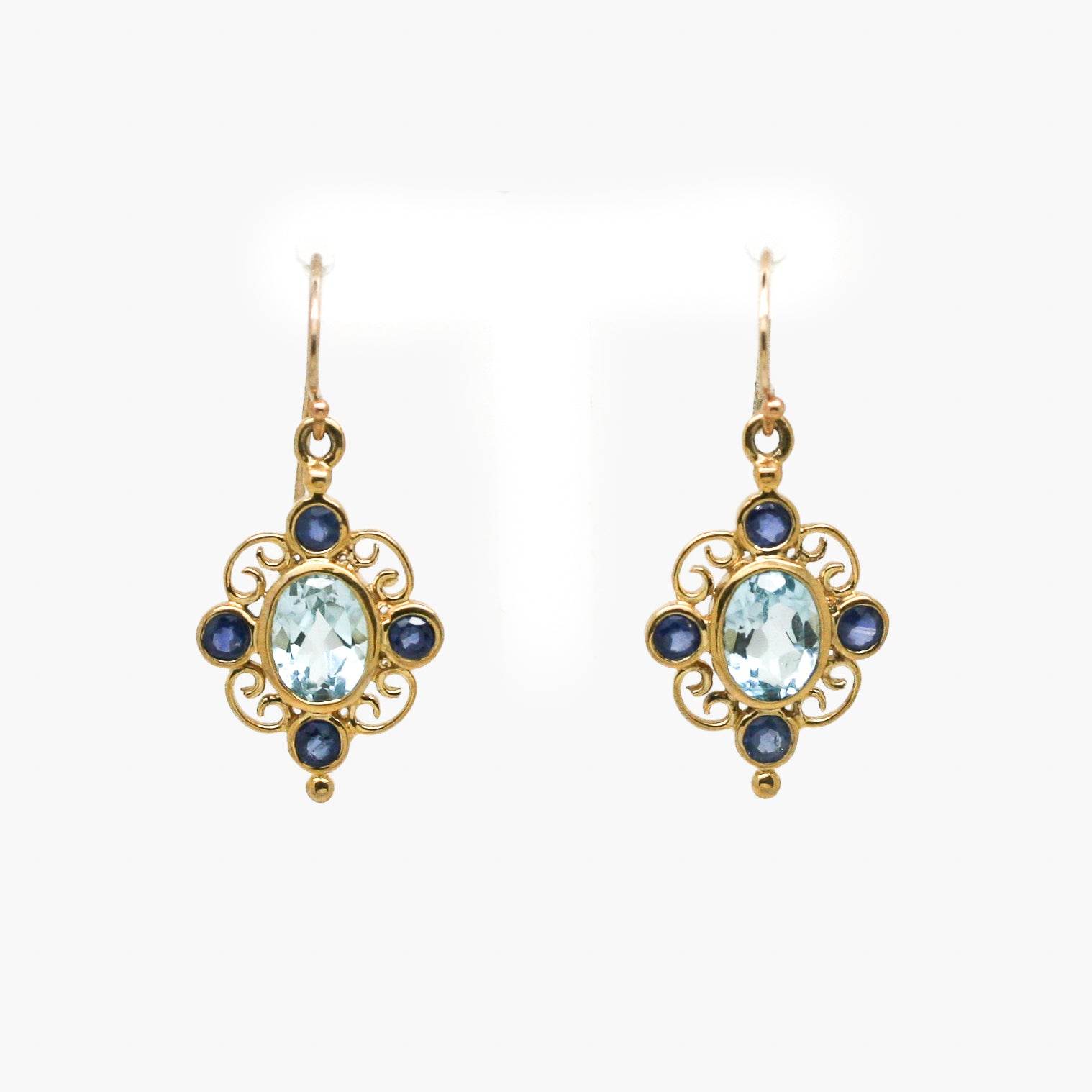 9ct Yellow Gold Sapphire and Blue Topaz Filigree Drop Earrings