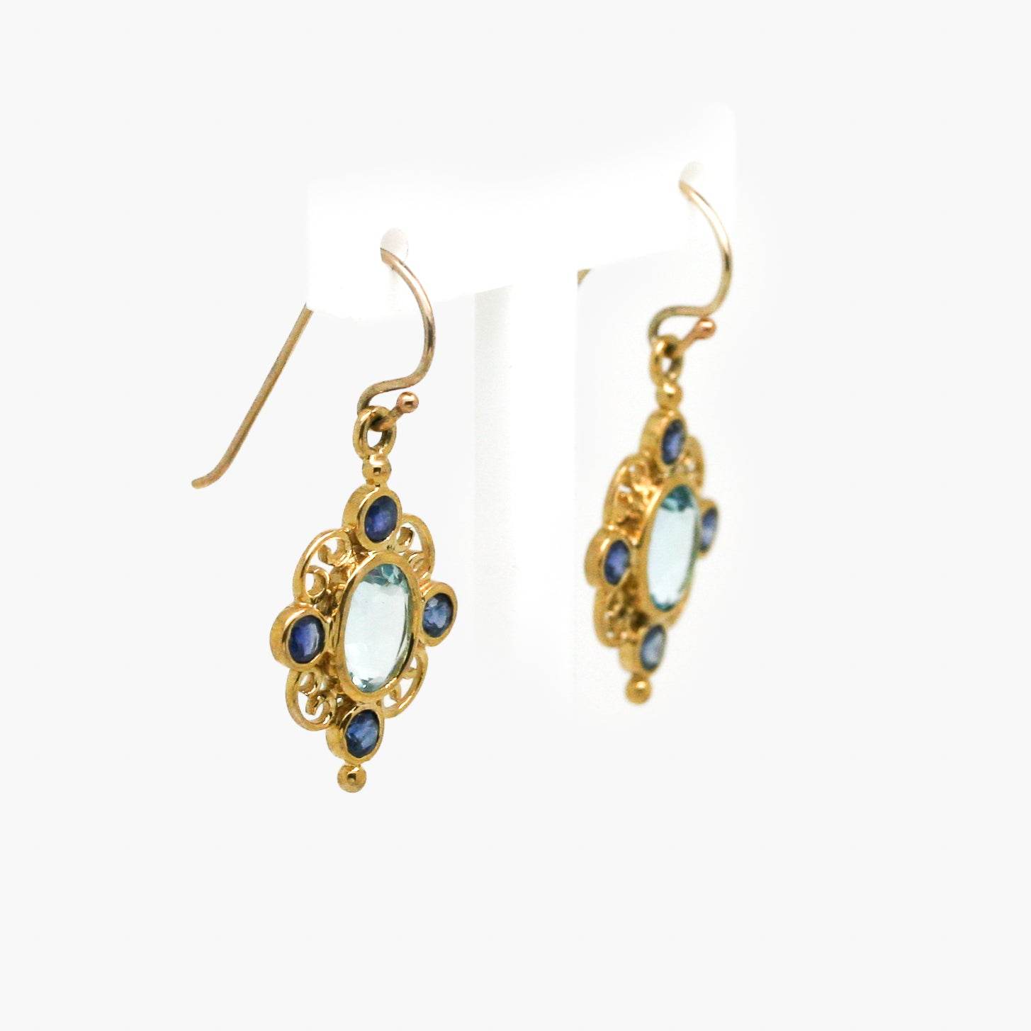 9ct Yellow Gold Sapphire and Blue Topaz Filigree Drop Earrings