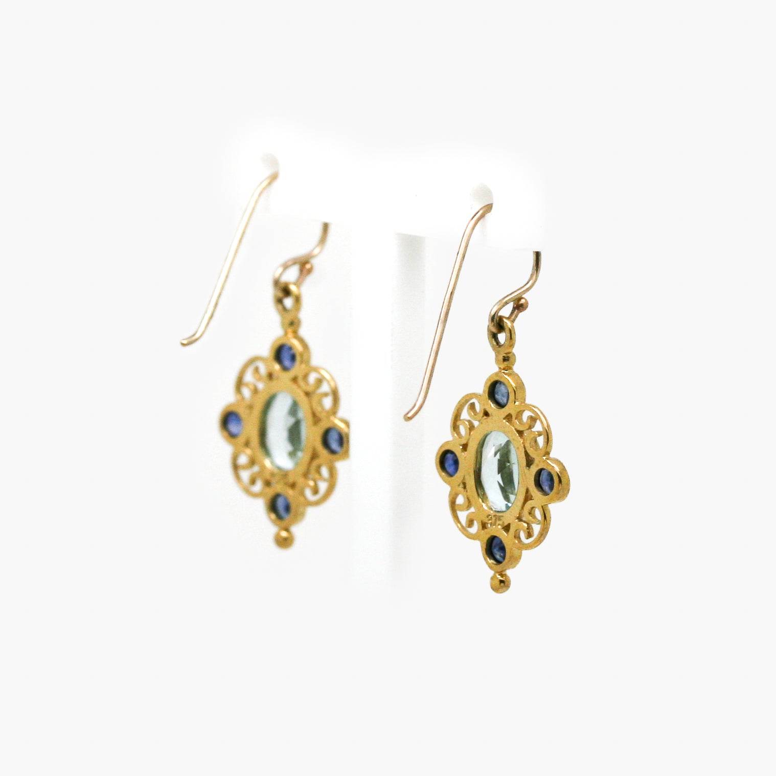 9ct Yellow Gold Sapphire and Blue Topaz Filigree Drop Earrings