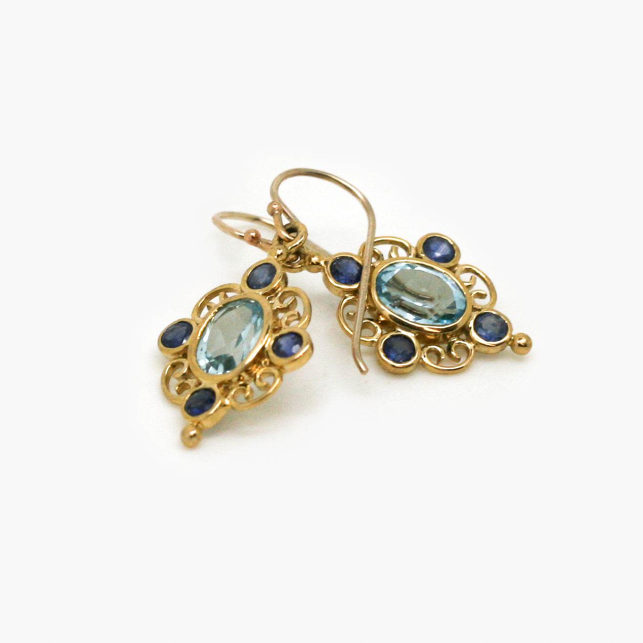 9ct Yellow Gold Sapphire and Blue Topaz Filigree Drop Earrings