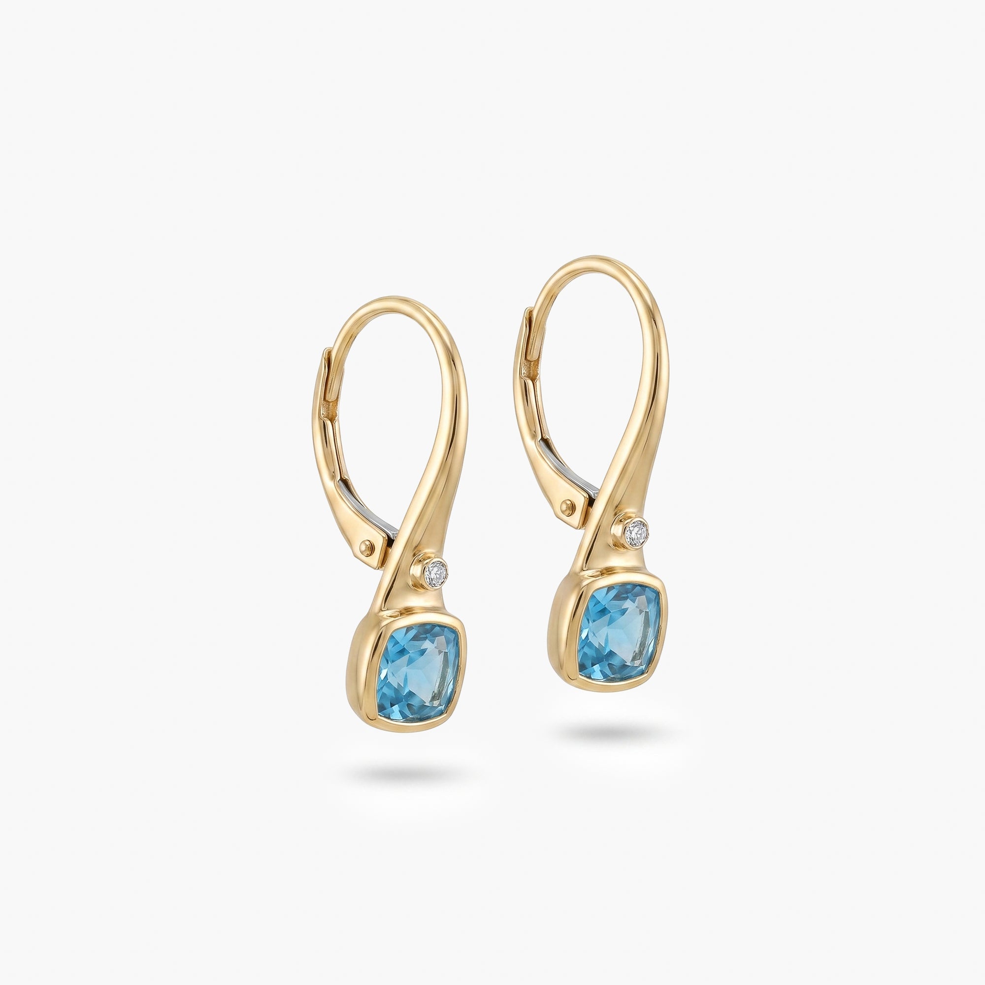9ct Yellow Gold Blue Topaz & Diamond Lever Back Drop Earrings