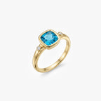 9ct Yellow Gold Blue Topaz & Diamond Cushion Bezel Ring