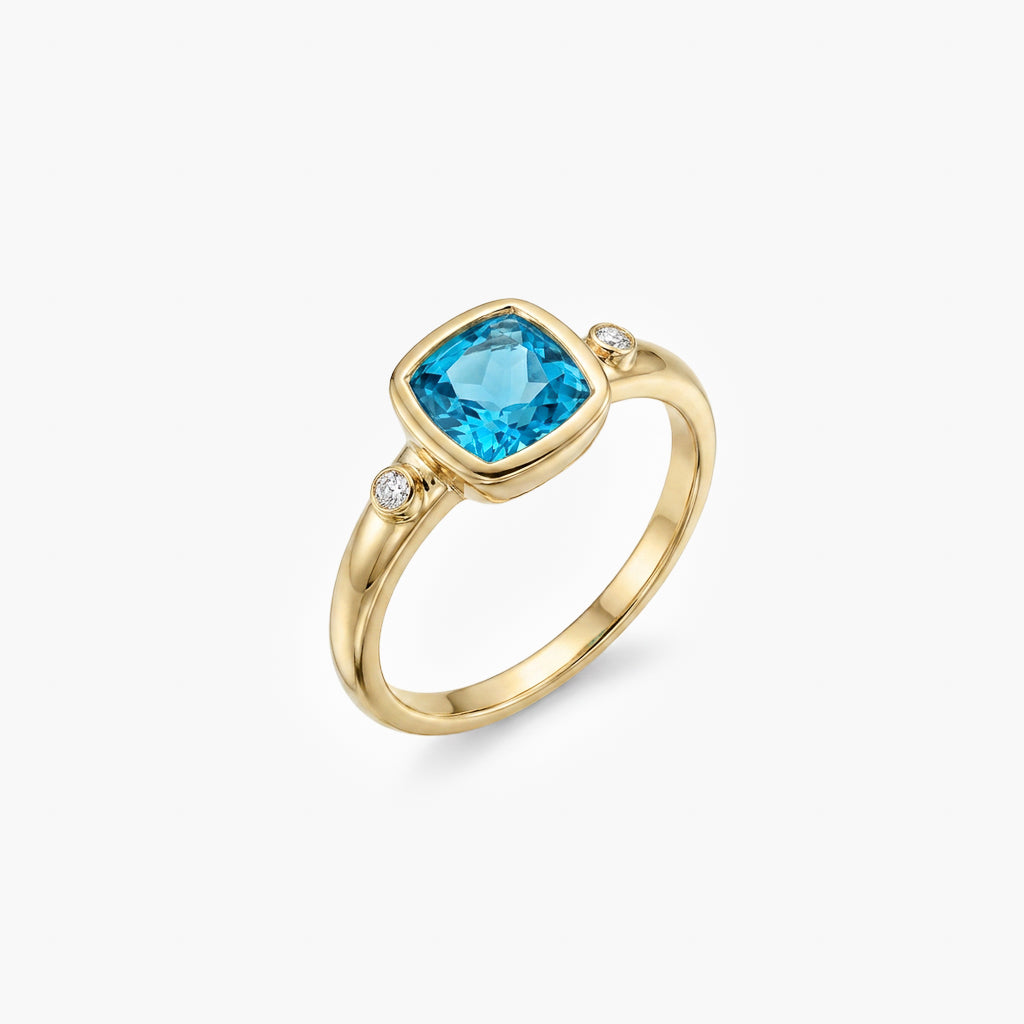 9ct Yellow Gold Blue Topaz & Diamond Cushion Bezel Ring