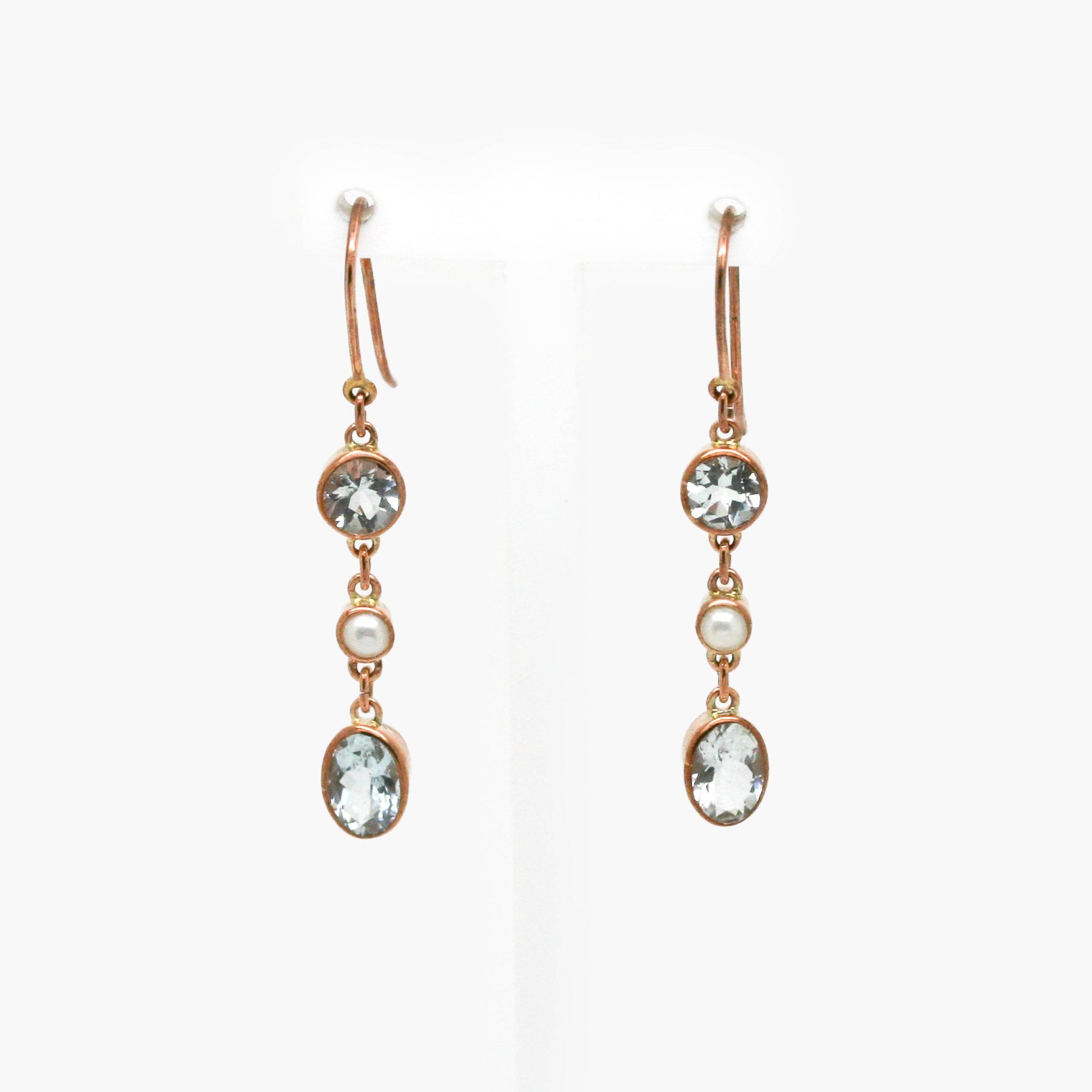 Aquamarine & Pearl Drop Earrings in 9ct Rose Gold - Jordans Jewellers