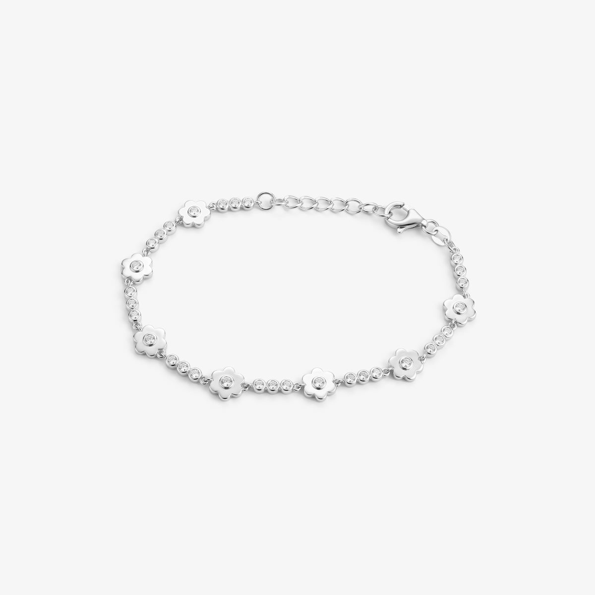Sterling Silver CZ Flower Link Bracelet - front view