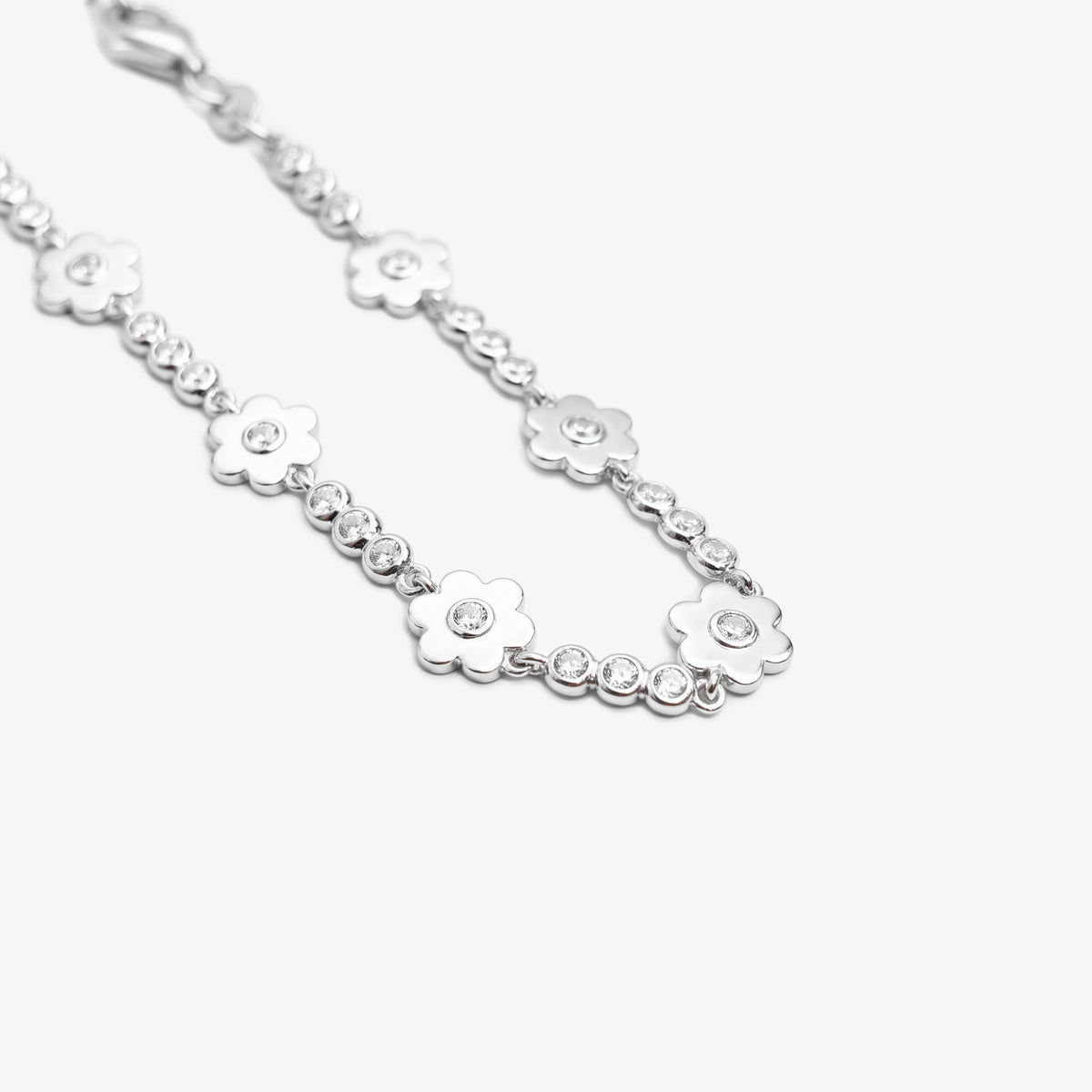 Sterling Silver CZ Flower Link Bracelet - angle view