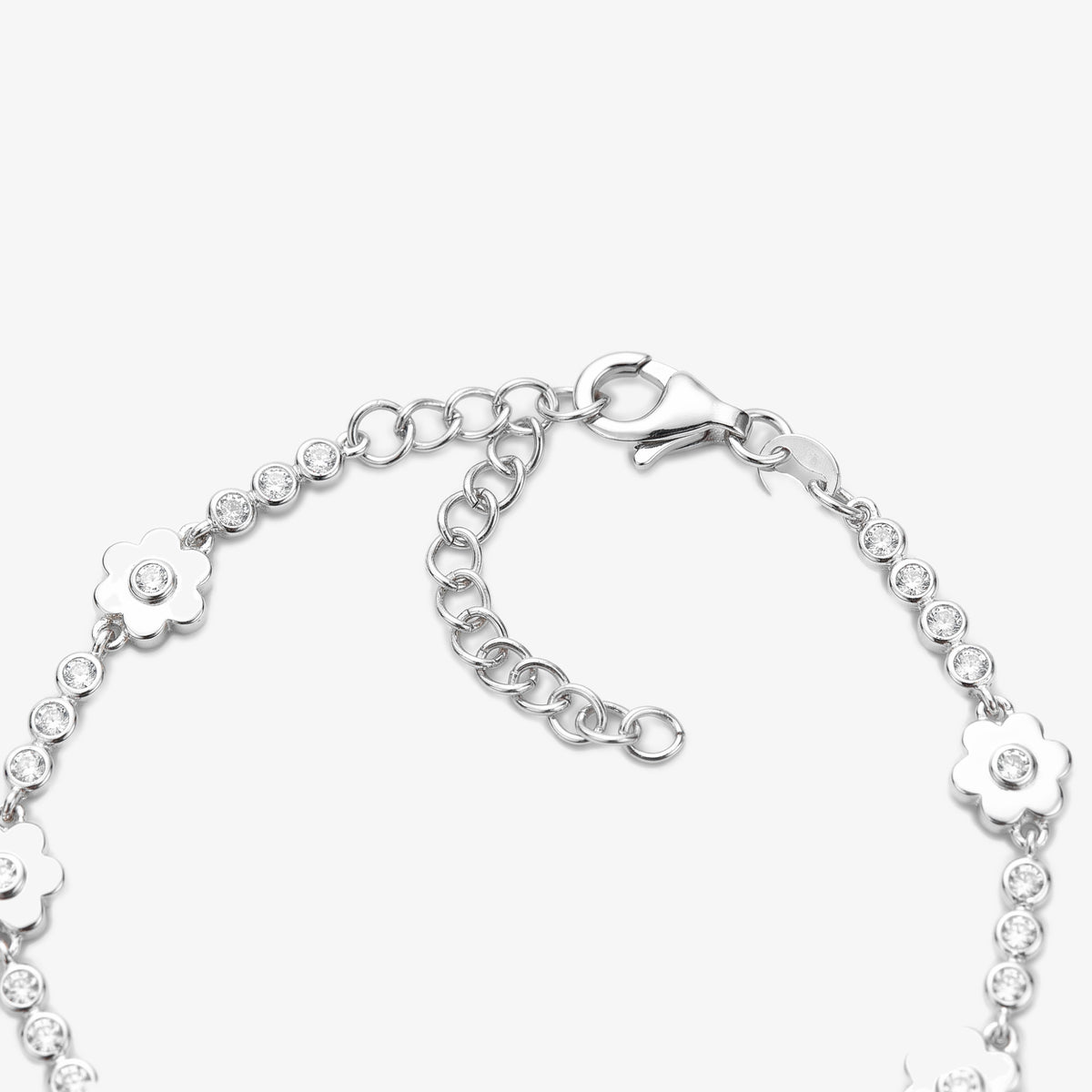 Sterling Silver CZ Flower Link Bracelet - detail view