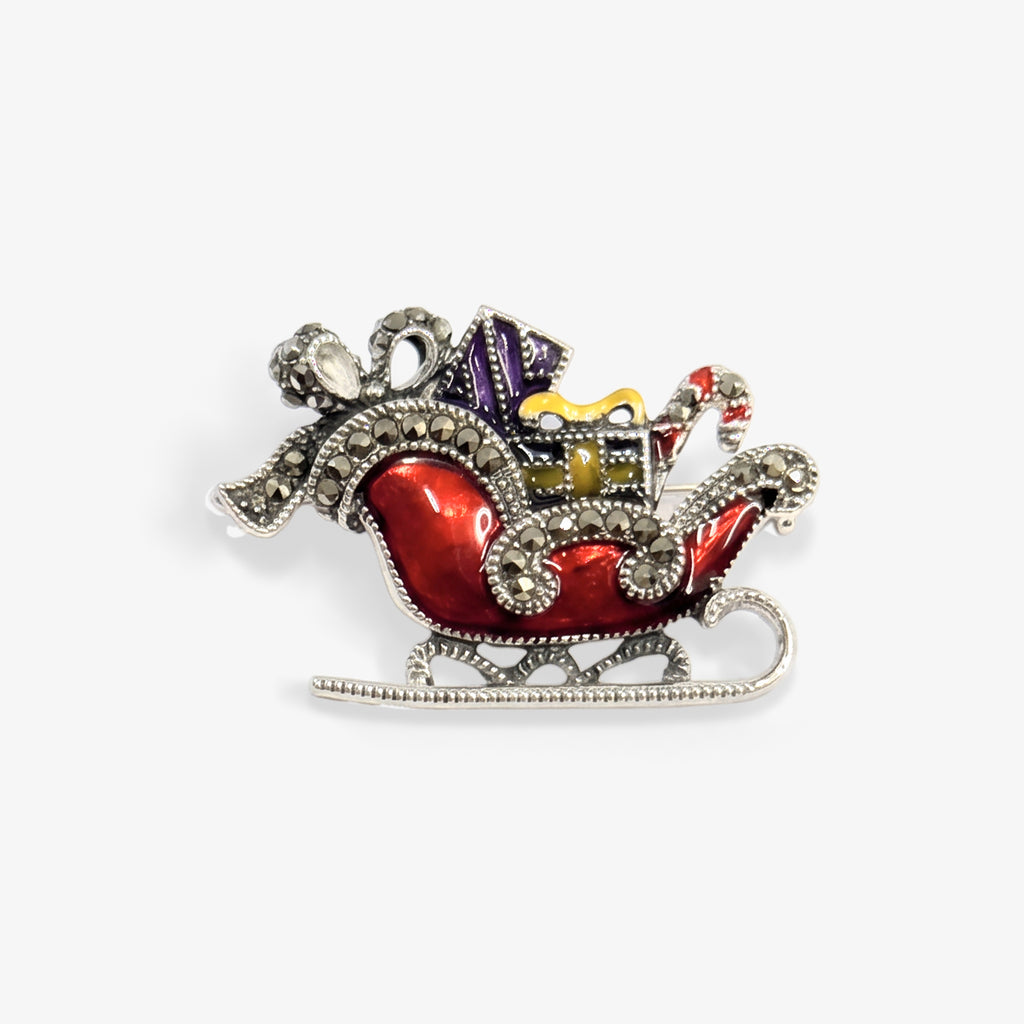 Sterling Silver Enamel & Marcasite Santa Sleigh Brooch front view