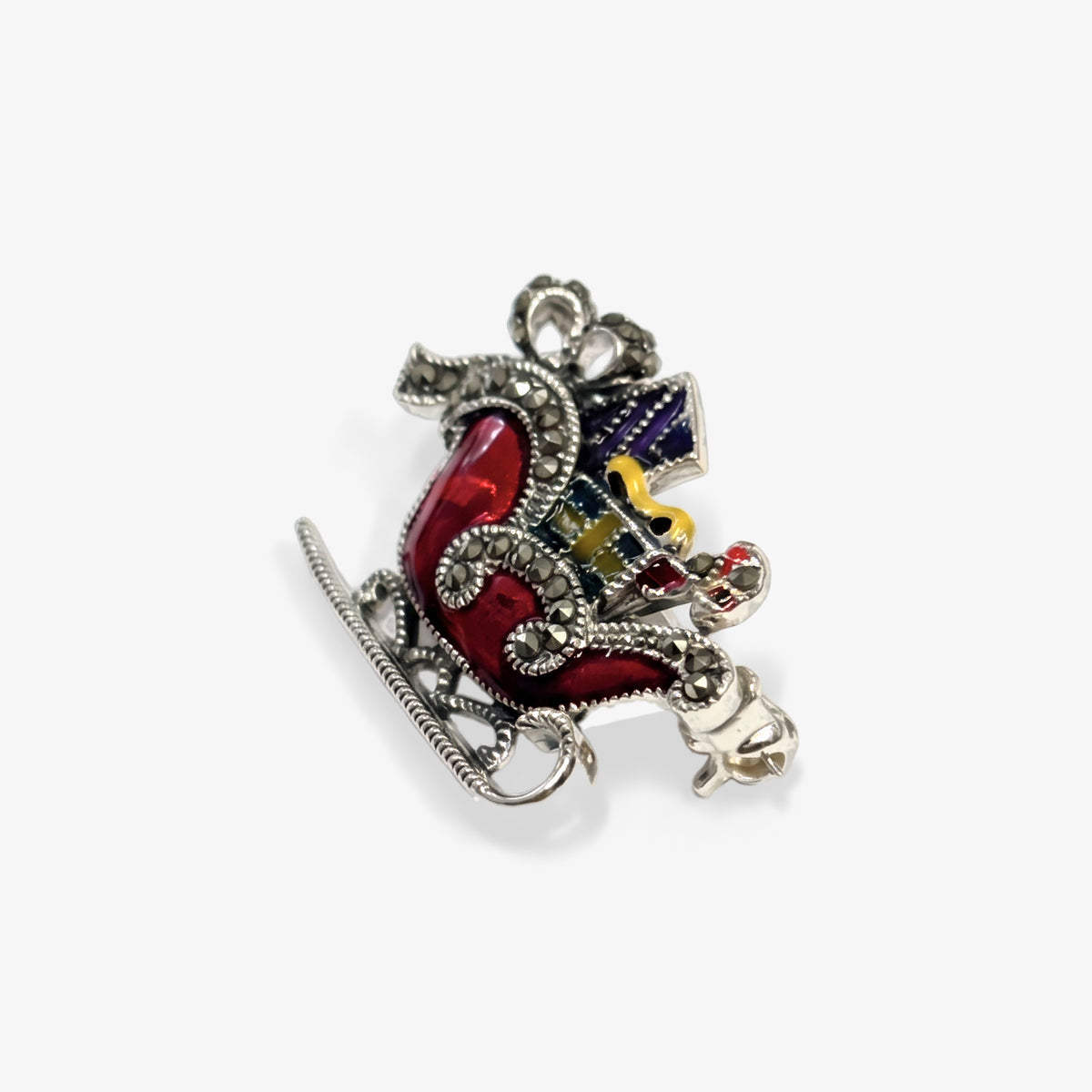Sterling Silver Enamel & Marcasite Santa Sleigh Brooch angle view